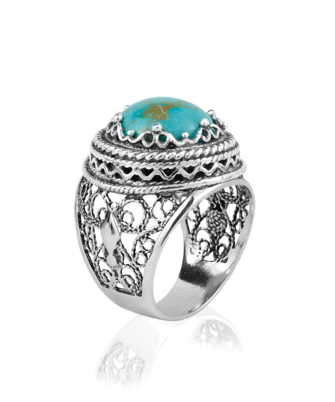 Filigree Art Copper Turquoise Gemstone Women Silver Bold Ring - Drakoi Marketplace