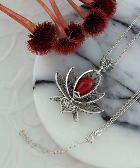 Filigree Art Coral Gemstone 3D Lotus Flower Women Silver Pendant Necklace - Drakoi Marketplace