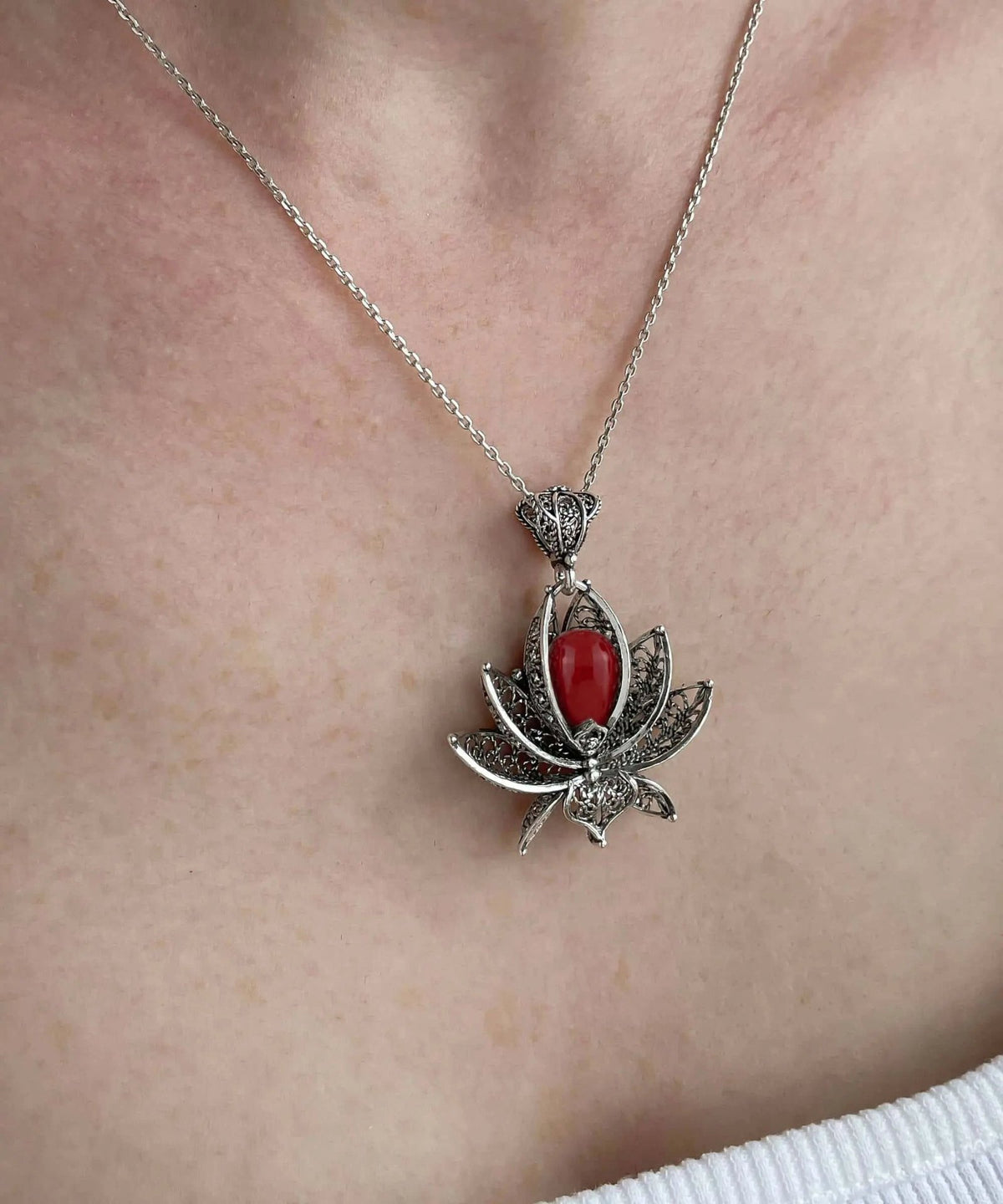 Filigree Art Coral Gemstone 3D Lotus Flower Women Silver Pendant Necklace - Drakoi Marketplace