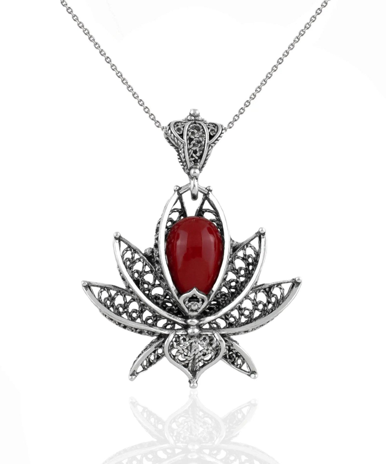 Filigree Art Coral Gemstone 3D Lotus Flower Women Silver Pendant Necklace - Drakoi Marketplace