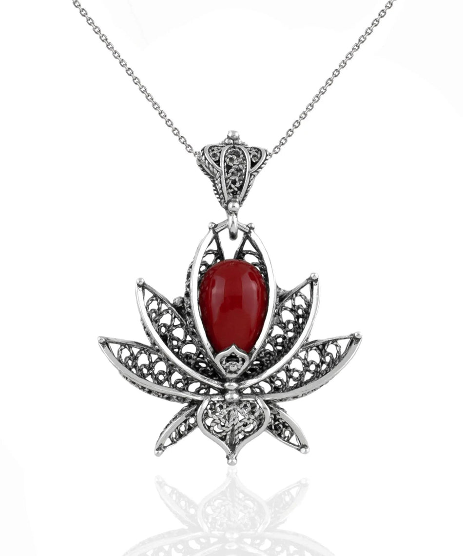 Filigree Art Coral Gemstone 3D Lotus Flower Women Silver Pendant Necklace - Drakoi Marketplace