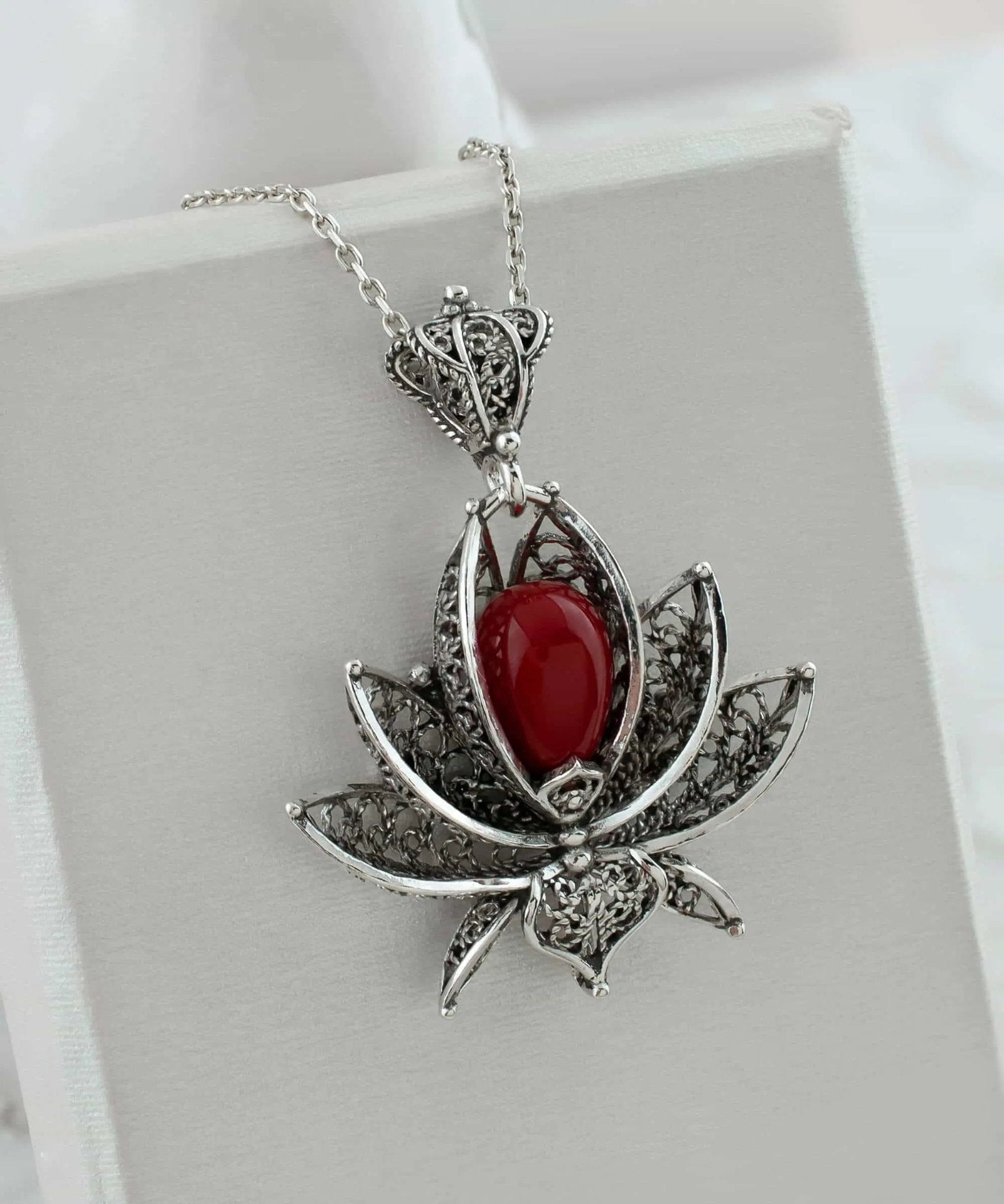 Filigree Art Coral Gemstone 3D Lotus Flower Women Silver Pendant Necklace - Drakoi Marketplace