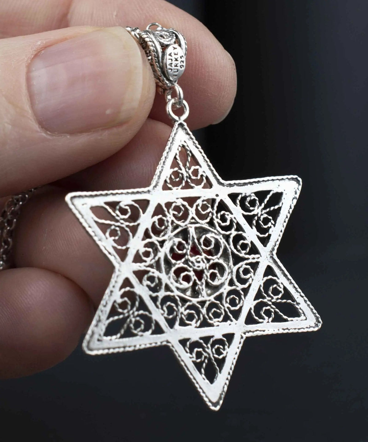 Filigree Art Coral Gemstone Star of David Women Silver Pendant Necklace - Drakoi Marketplace