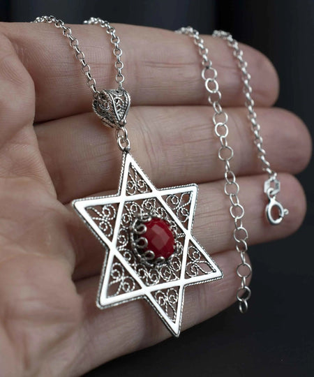 Filigree Art Coral Gemstone Star of David Women Silver Pendant Necklace - Drakoi Marketplace