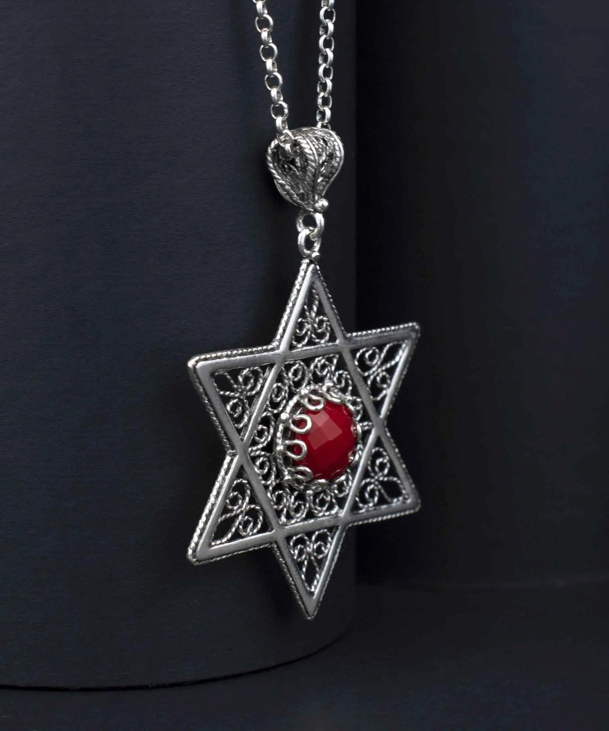 Filigree Art Coral Gemstone Star of David Women Silver Pendant Necklace - Drakoi Marketplace