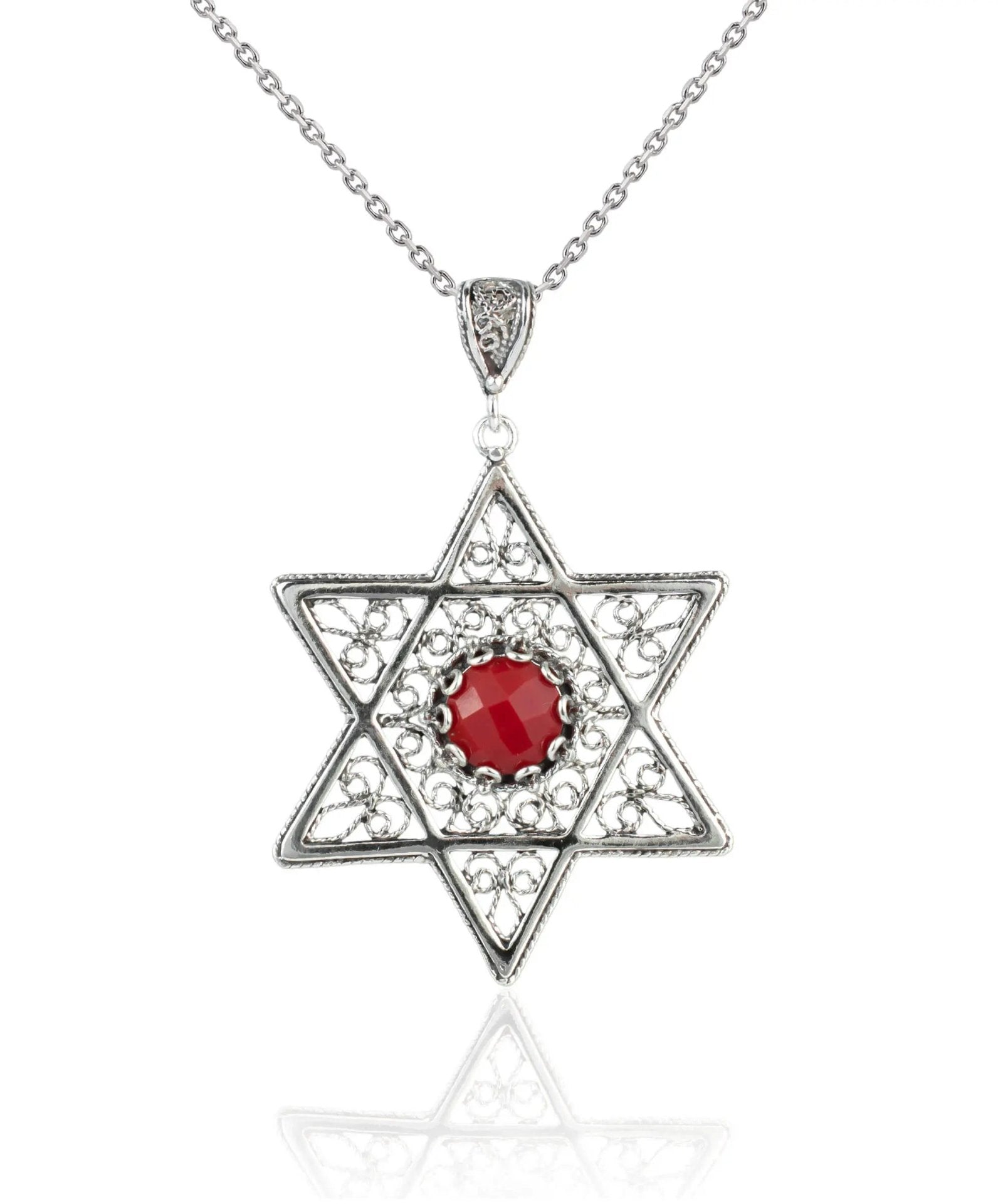 Filigree Art Coral Gemstone Star of David Women Silver Pendant Necklace - Drakoi Marketplace