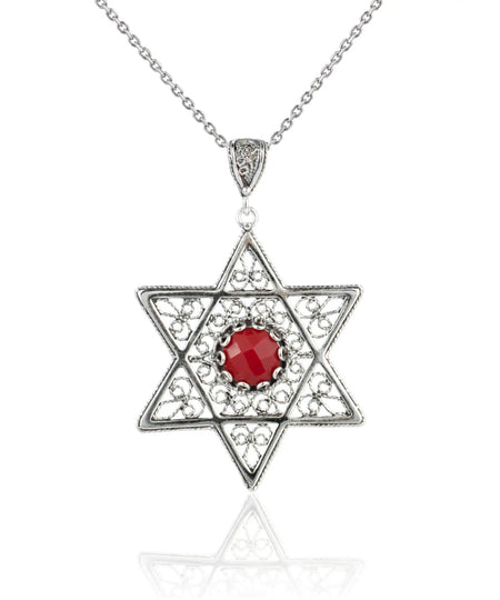 Filigree Art Coral Gemstone Star of David Women Silver Pendant Necklace - Drakoi Marketplace