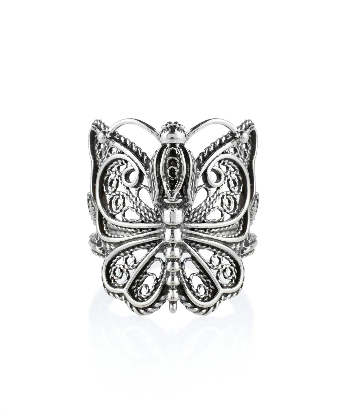 Filigree Art Crown Butterfly Design Women Silver Cocktail Ring - Drakoi Marketplace