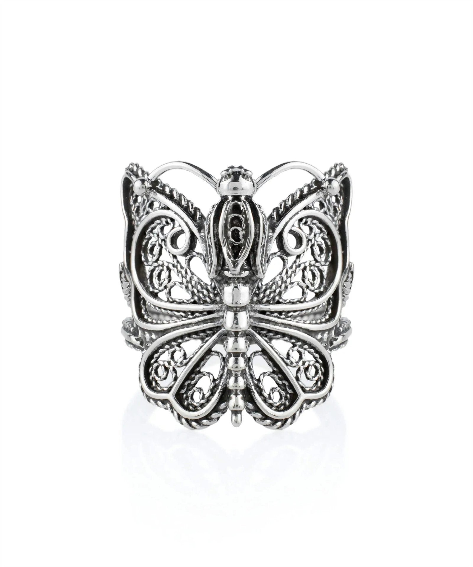 Filigree Art Crown Butterfly Design Women Silver Cocktail Ring - Drakoi Marketplace