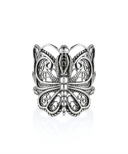 Filigree Art Crown Butterfly Design Women Silver Cocktail Ring - Drakoi Marketplace