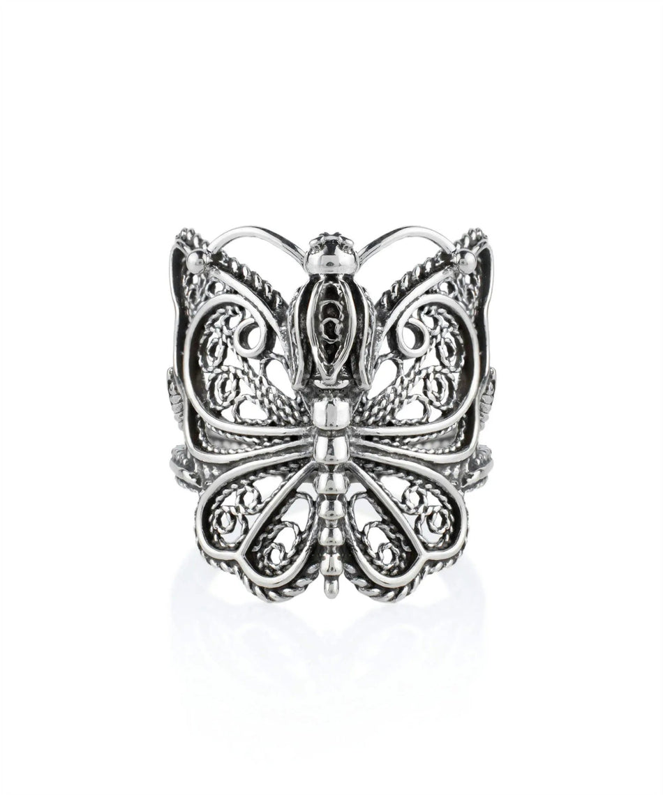 Filigree Art Crown Butterfly Design Women Silver Cocktail Ring - Drakoi Marketplace