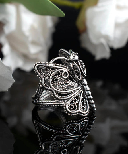 Filigree Art Crown Butterfly Design Women Silver Cocktail Ring - Drakoi Marketplace