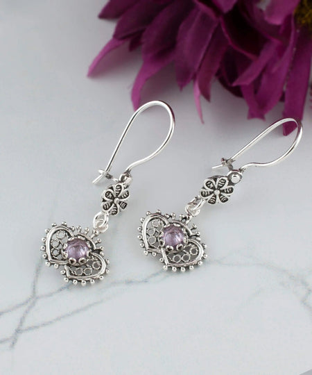 Filigree Art Double Heart Figured Gemstone Women Silver Dangle Earrings - Drakoi Marketplace