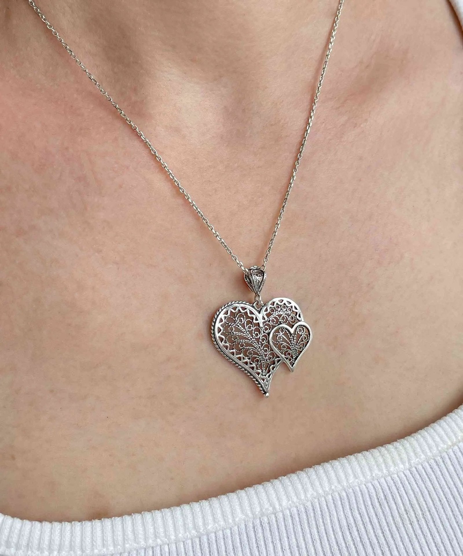 Filigree Art Double Heart Women Silver Pendant Necklace - Drakoi Marketplace