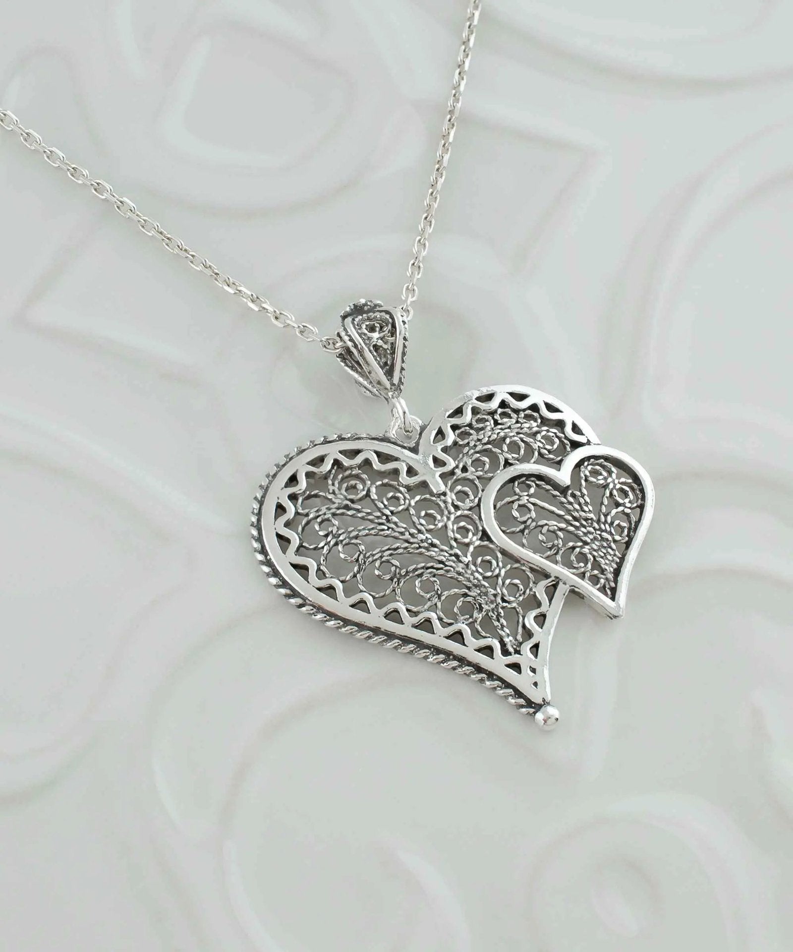 Filigree Art Double Heart Women Silver Pendant Necklace - Drakoi Marketplace