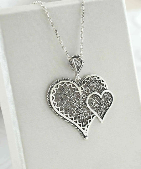 Filigree Art Double Heart Women Silver Pendant Necklace - Drakoi Marketplace