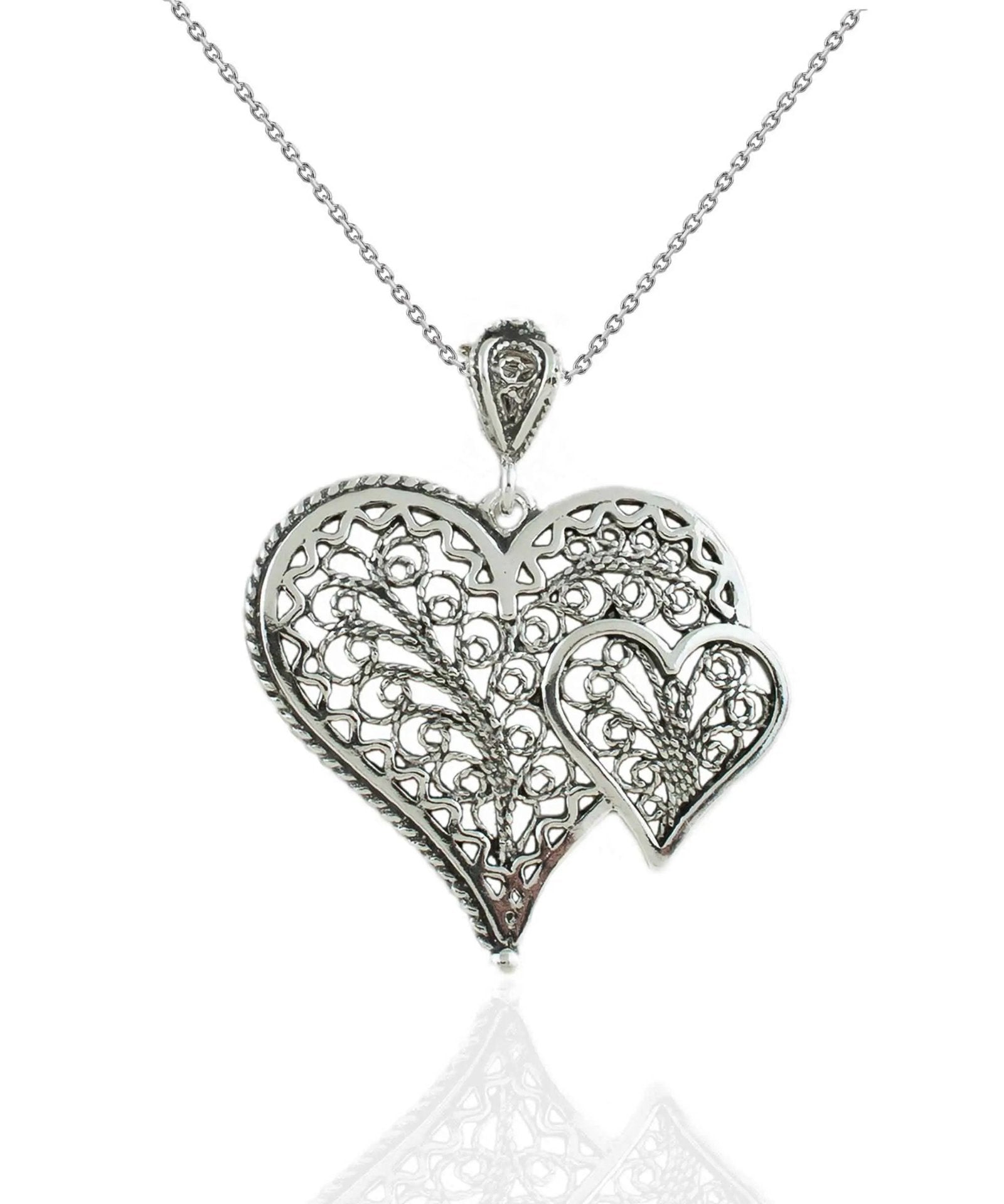 Filigree Art Double Heart Women Silver Pendant Necklace - Drakoi Marketplace