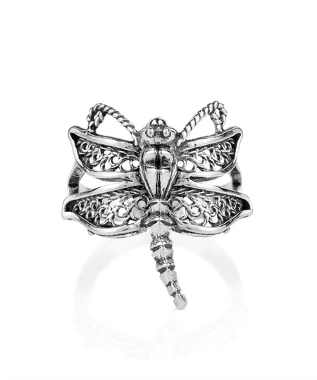 Filigree Art Dragonfly Design Women Silver Cocktail Ring - Drakoi Marketplace