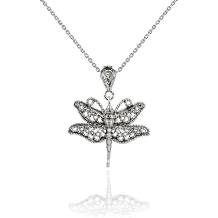 Filigree Art Dragonfly Design Women Silver Pendant Necklace - Drakoi Marketplace