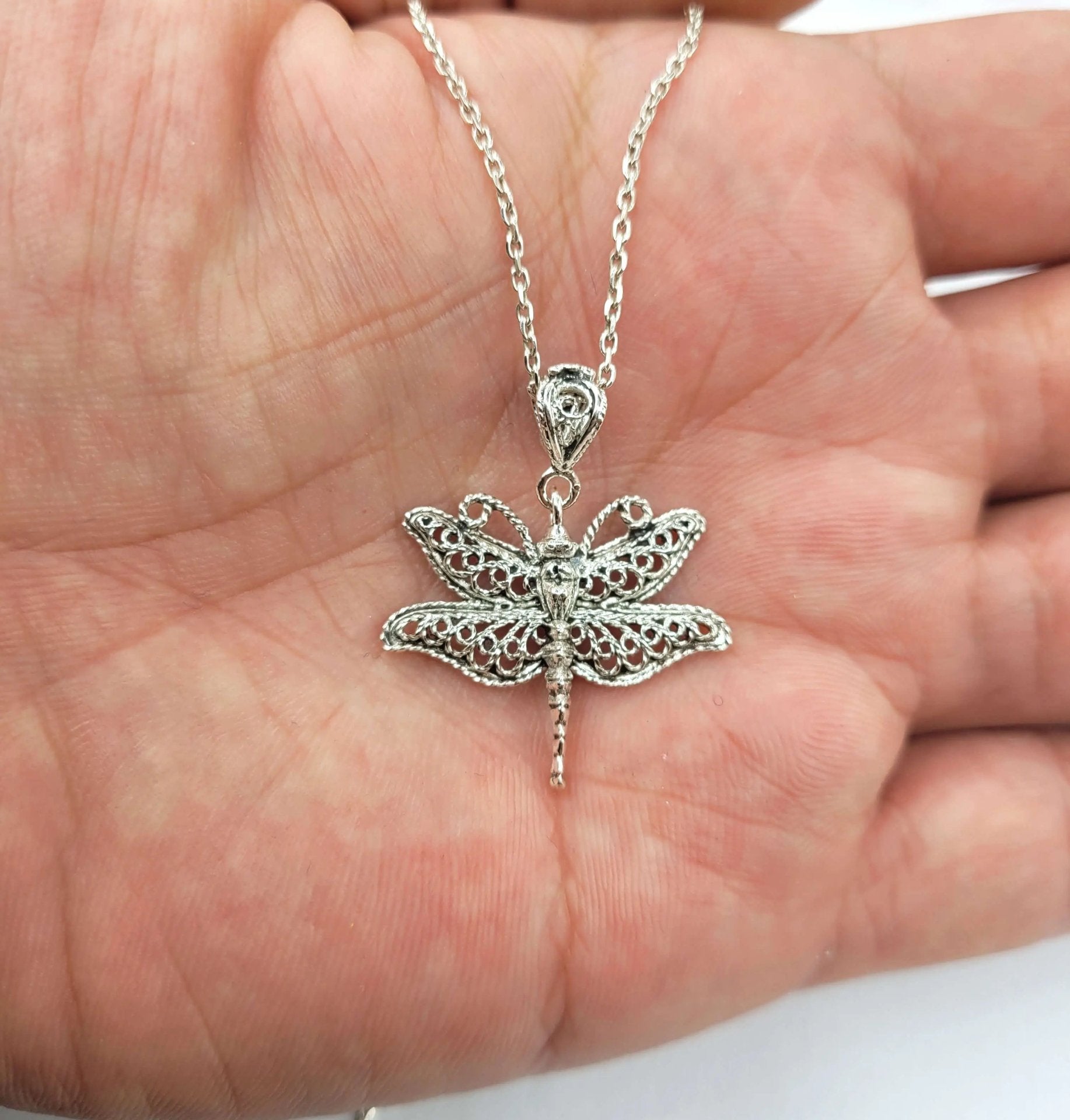 Filigree Art Dragonfly Design Women Silver Pendant Necklace - Drakoi Marketplace