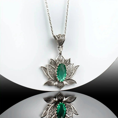 Filigree Art Emerald Gemstone Blossoming Lotus Flower Women Silver Pendant Necklace - Drakoi Marketplace