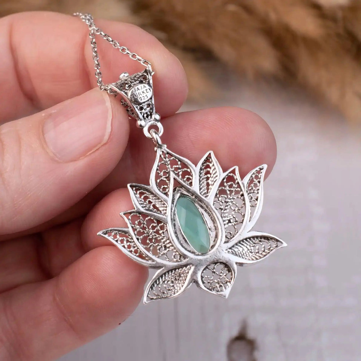 Filigree Art Emerald Gemstone Blossoming Lotus Flower Women Silver Pendant Necklace - Drakoi Marketplace