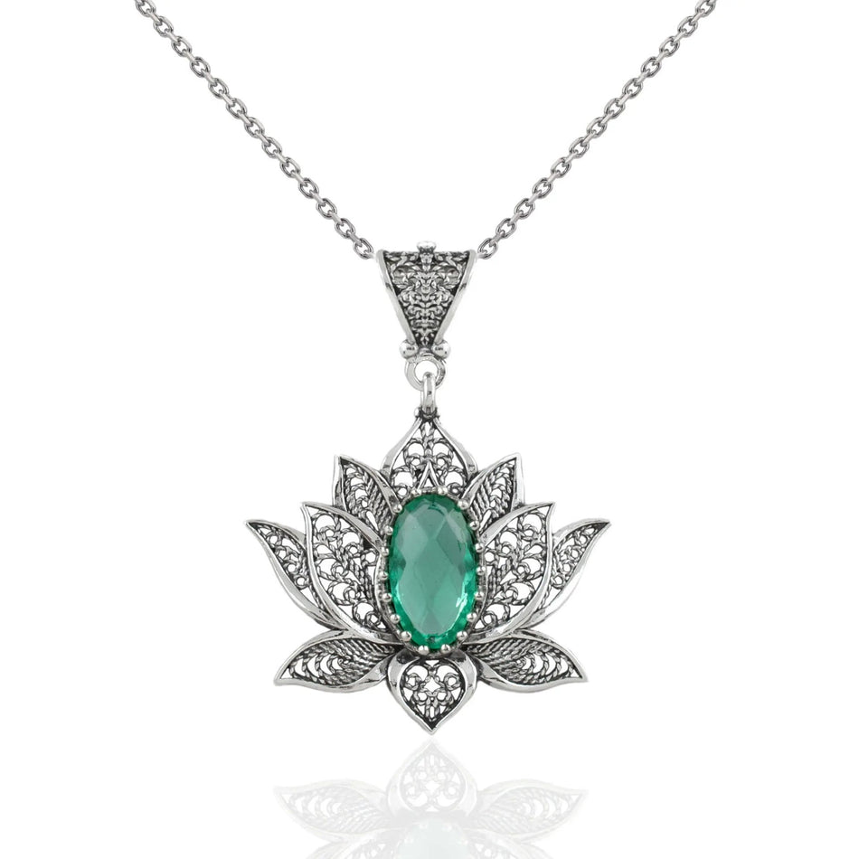 Filigree Art Emerald Gemstone Blossoming Lotus Flower Women Silver Pendant Necklace - Drakoi Marketplace