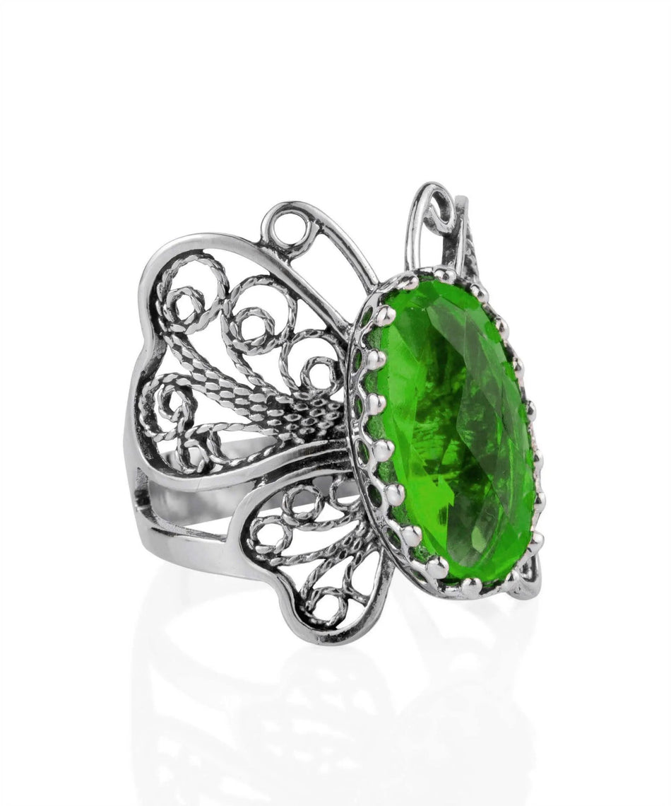 Filigree Art Emerald Gemstone Butterfly Design Women Silver Cocktail Ring - Drakoi Marketplace