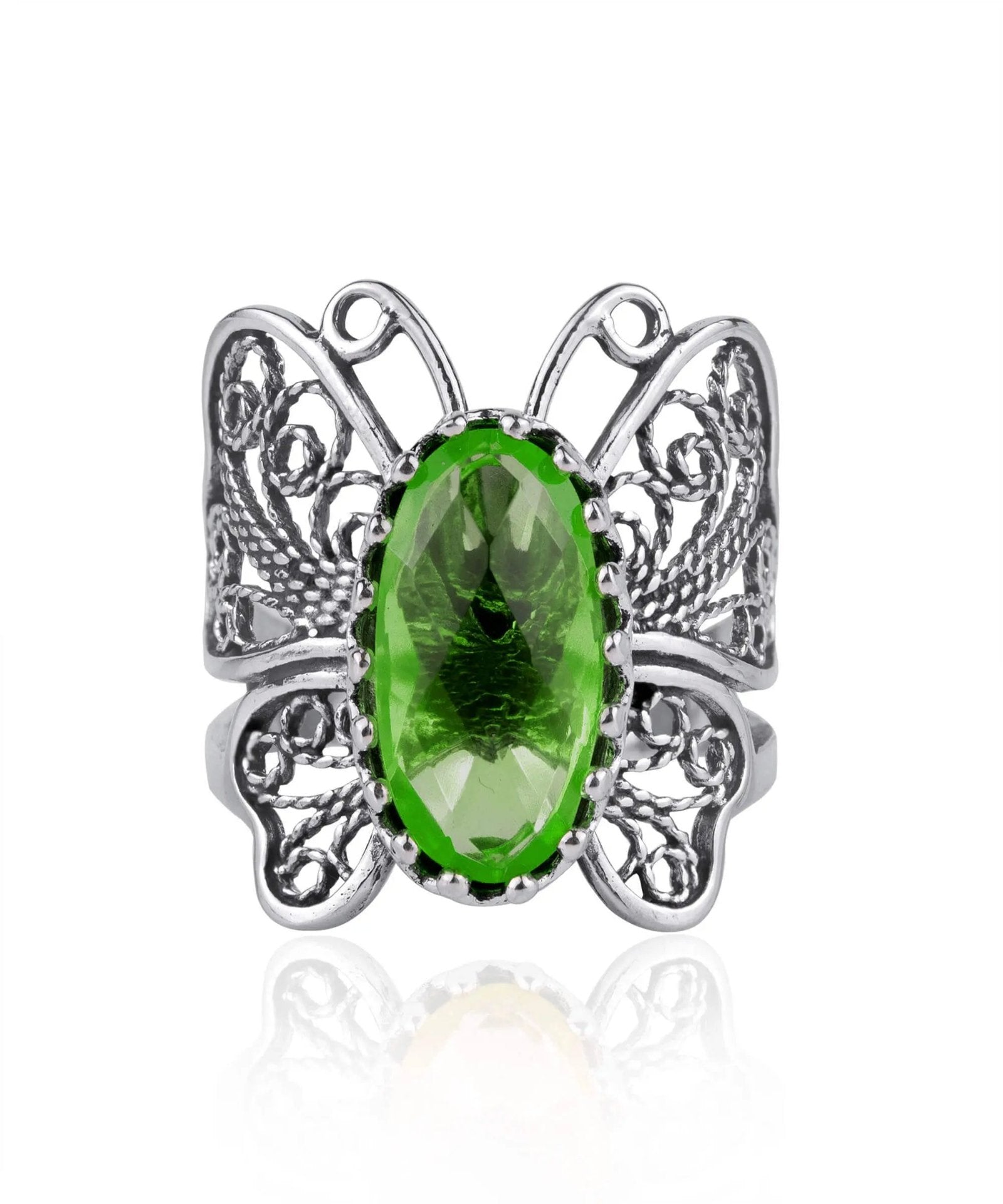 Filigree Art Emerald Gemstone Butterfly Design Women Silver Cocktail Ring - Drakoi Marketplace