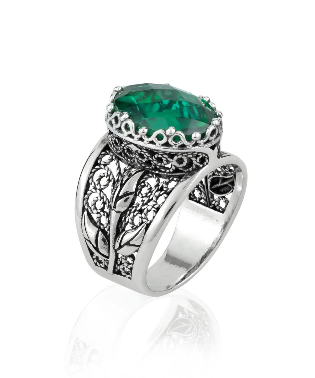 Filigree Art Emerald Gemstone Tulip Detailed Silver Women Statement Ring - Drakoi Marketplace