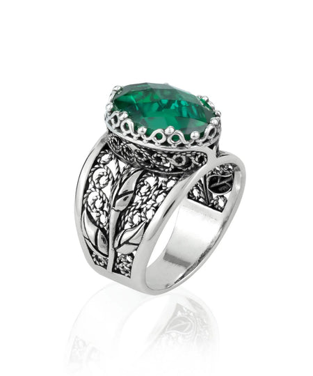 Filigree Art Emerald Gemstone Tulip Detailed Silver Women Statement Ring - Drakoi Marketplace