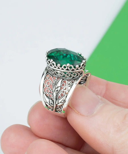 Filigree Art Emerald Gemstone Tulip Detailed Silver Women Statement Ring - Drakoi Marketplace