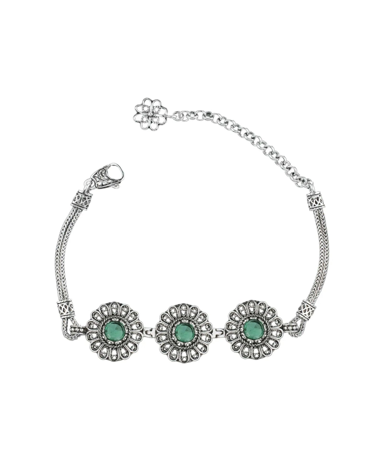 Filigree Art Emerald Gemstone Women Silver Link Bracelet - Drakoi Marketplace