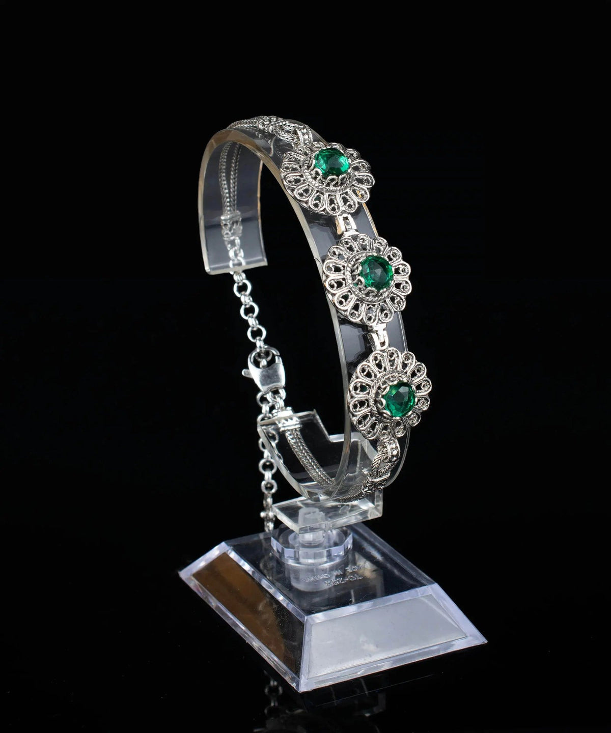 Filigree Art Emerald Gemstone Women Silver Link Bracelet - Drakoi Marketplace