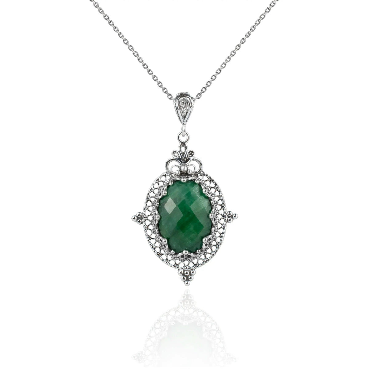 Filigree Art Emerald Gemstone Women Silver Oval Pendant Necklace - Drakoi Marketplace