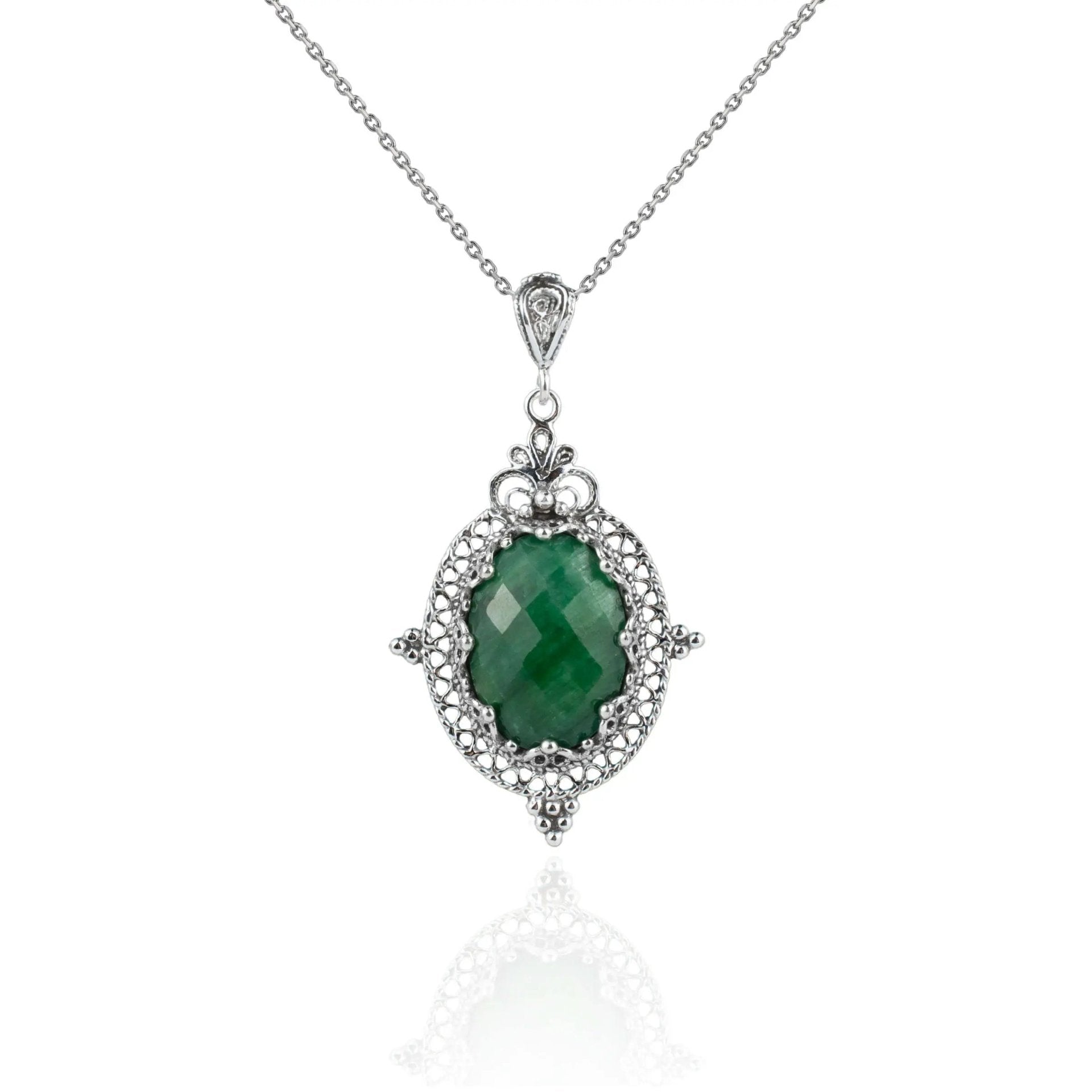 Filigree Art Emerald Gemstone Women Silver Oval Pendant Necklace - Drakoi Marketplace