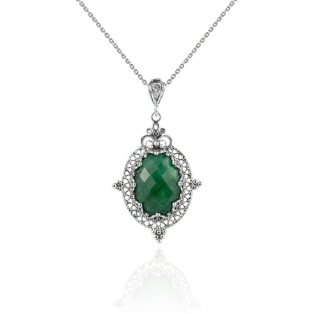 Filigree Art Emerald Gemstone Women Silver Oval Pendant Necklace - Drakoi Marketplace