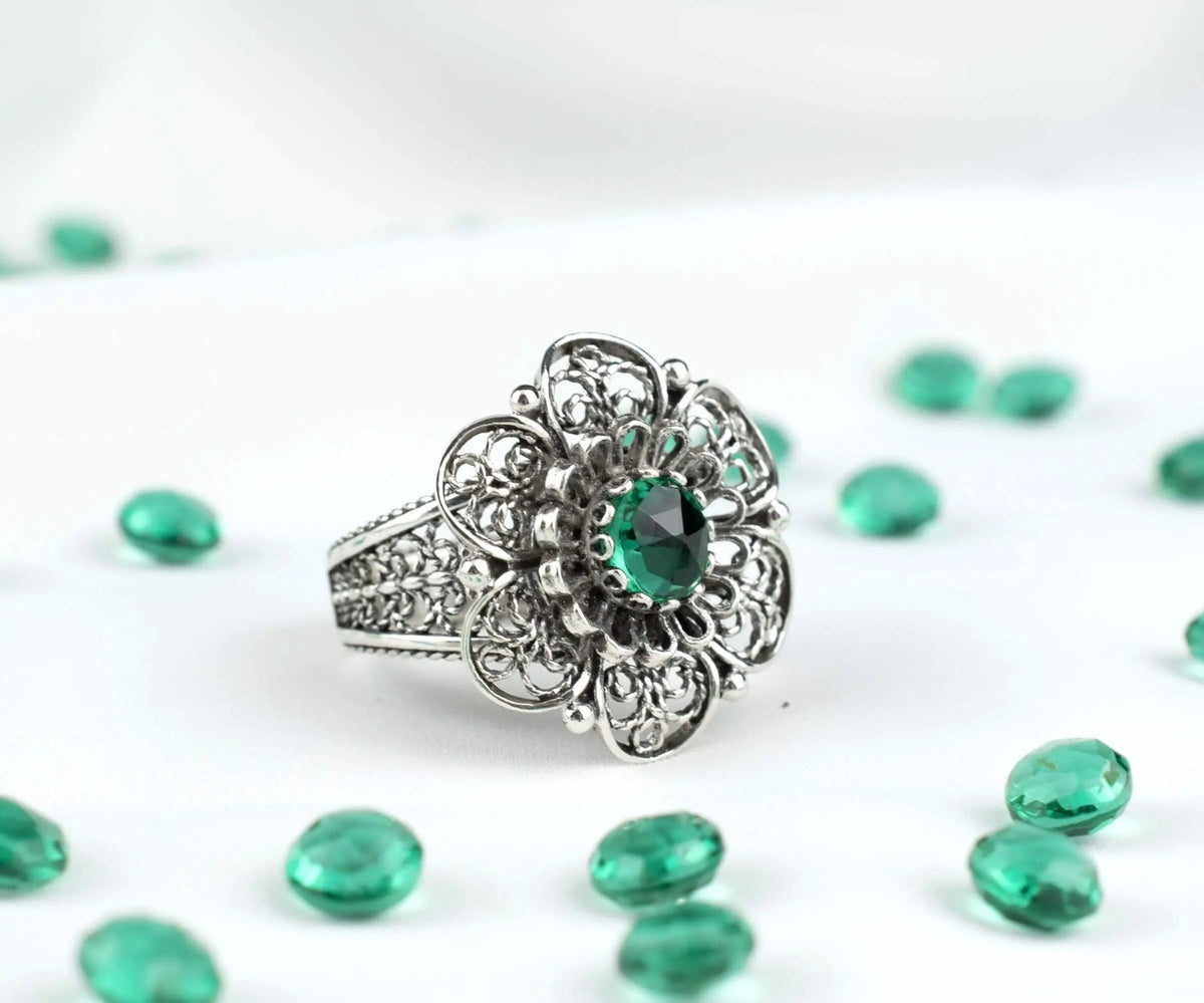 Filigree Art Emerald Gemstone Women Silver Statement Ring - Drakoi Marketplace