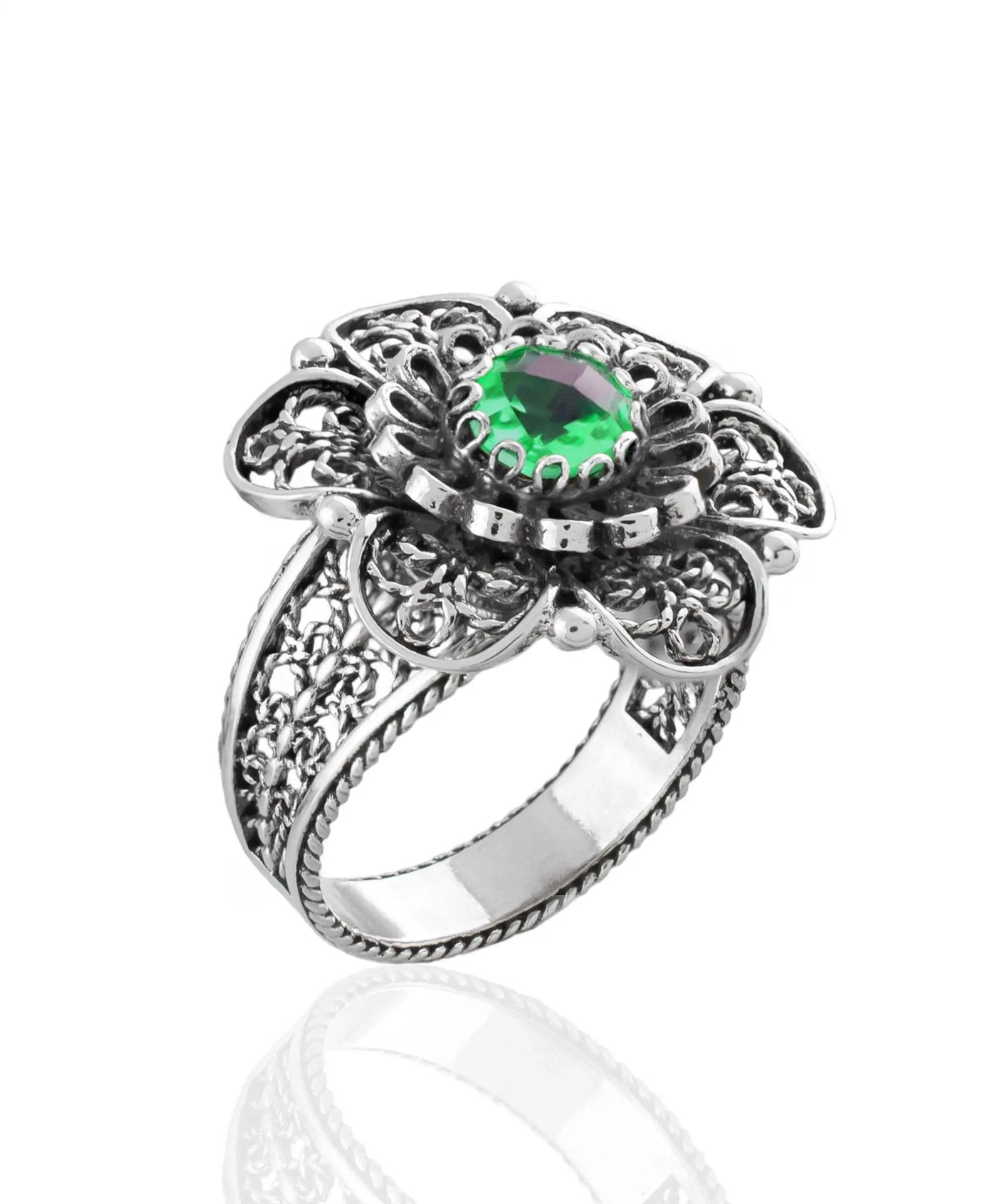 Filigree Art Emerald Gemstone Women Silver Statement Ring - Drakoi Marketplace