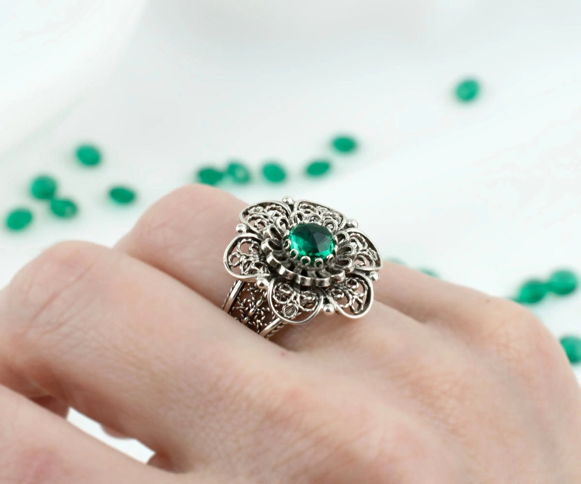 Filigree Art Emerald Gemstone Women Silver Statement Ring - Drakoi Marketplace