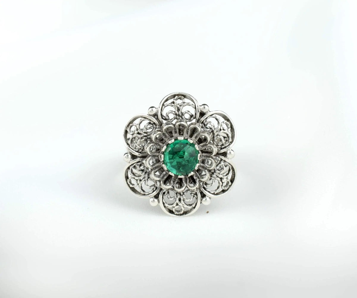 Filigree Art Emerald Gemstone Women Silver Statement Ring - Drakoi Marketplace