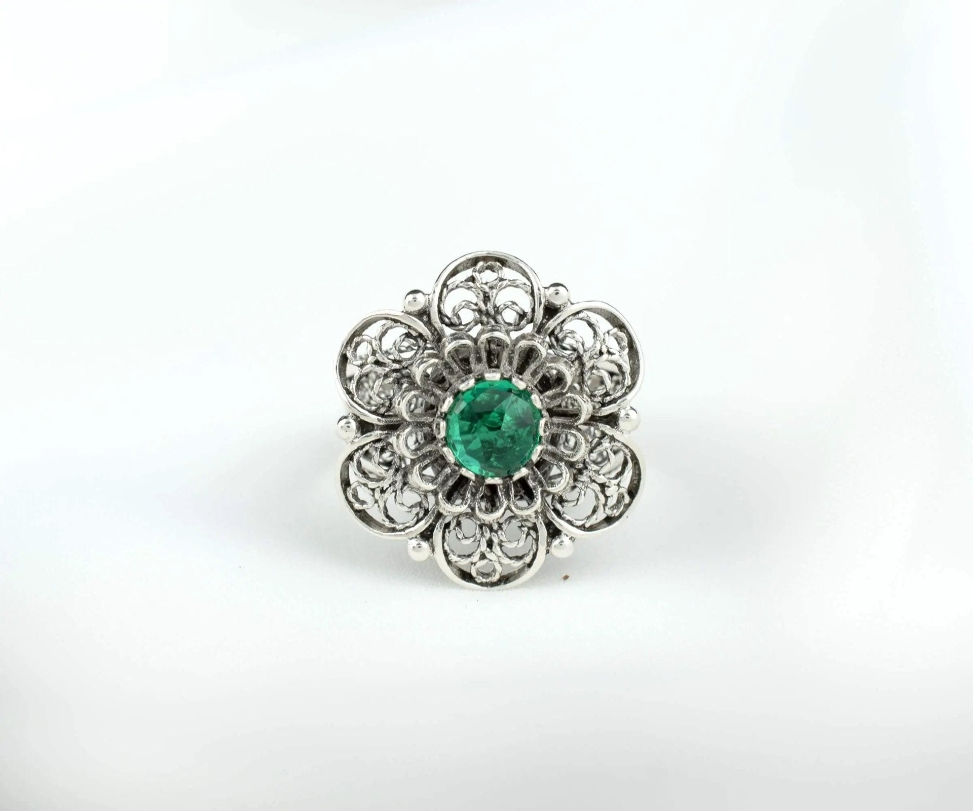 Filigree Art Emerald Gemstone Women Silver Statement Ring - Drakoi Marketplace