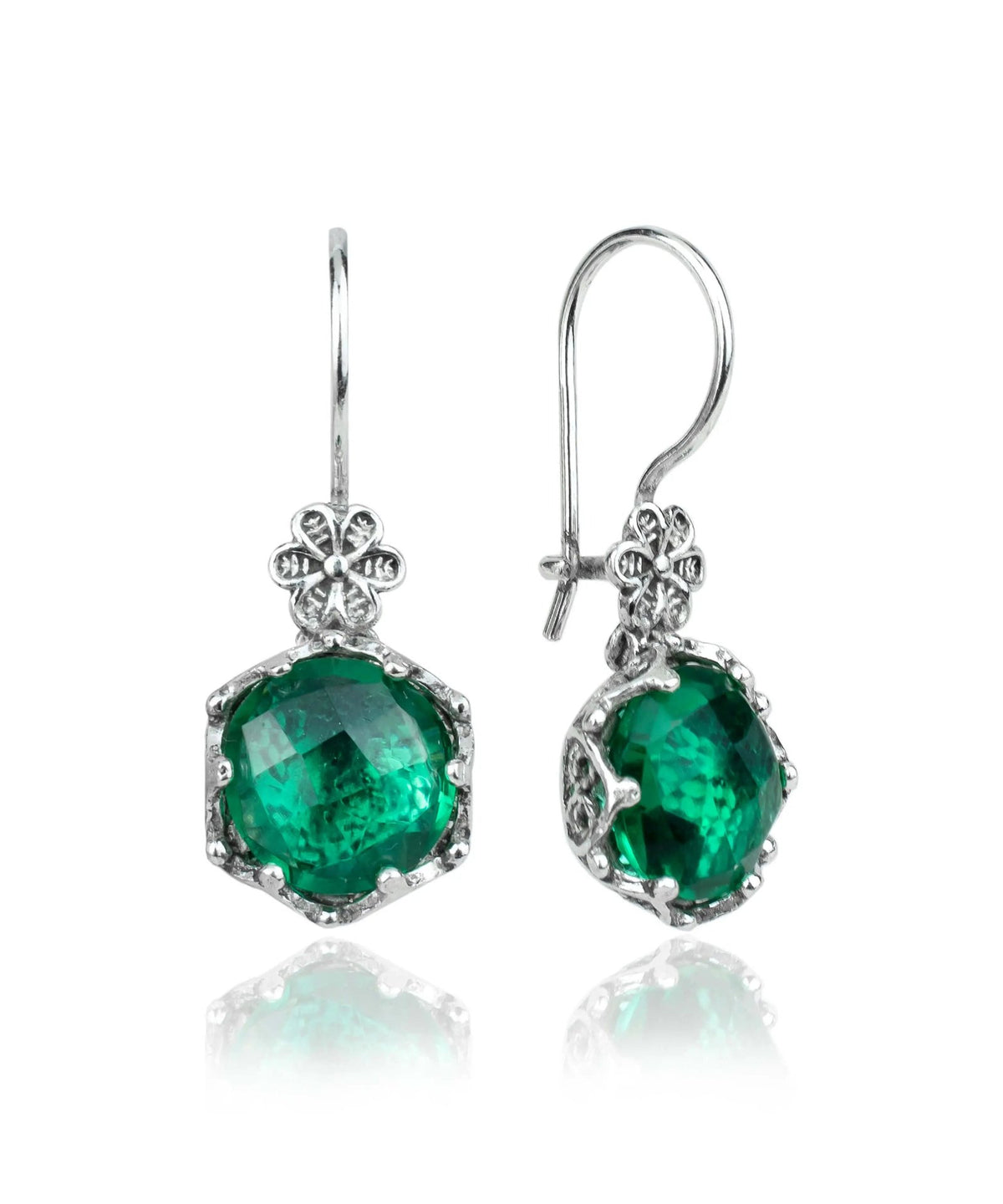 Filigree Art Emerald Gemstone Women Sterling Silver Drop Earrings - Drakoi Marketplace