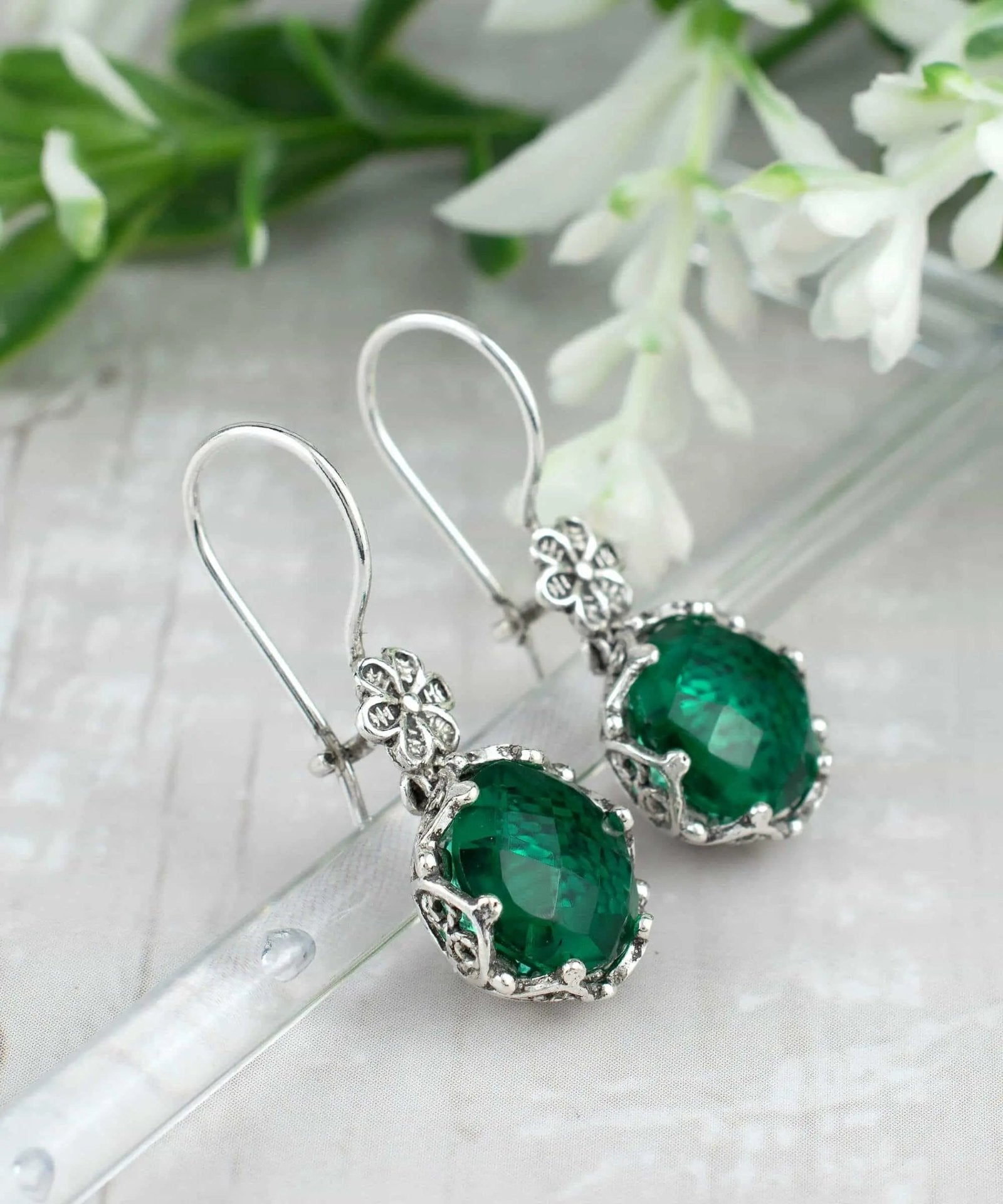 Filigree Art Emerald Gemstone Women Sterling Silver Drop Earrings - Drakoi Marketplace