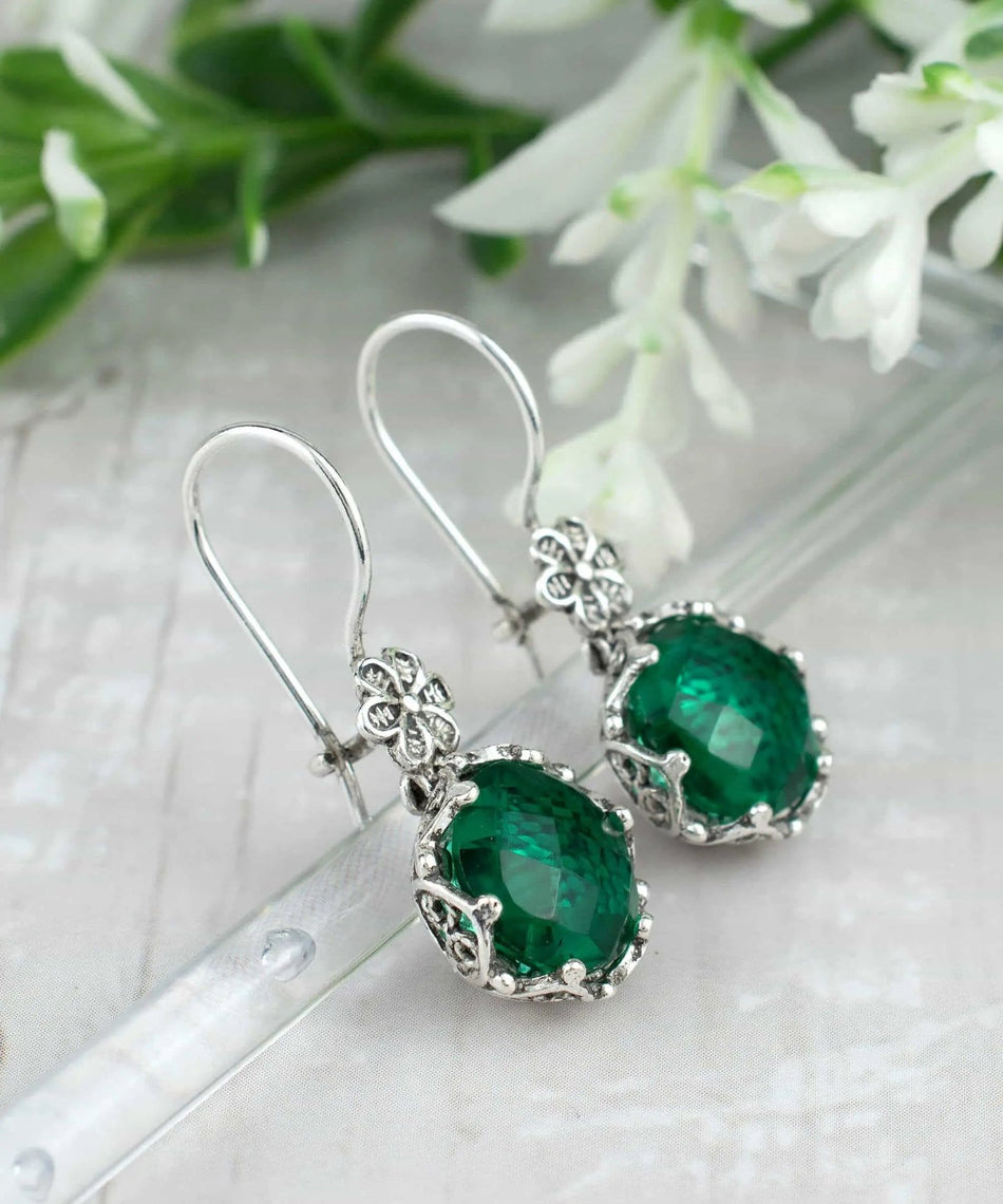 Filigree Art Emerald Gemstone Women Sterling Silver Drop Earrings - Drakoi Marketplace