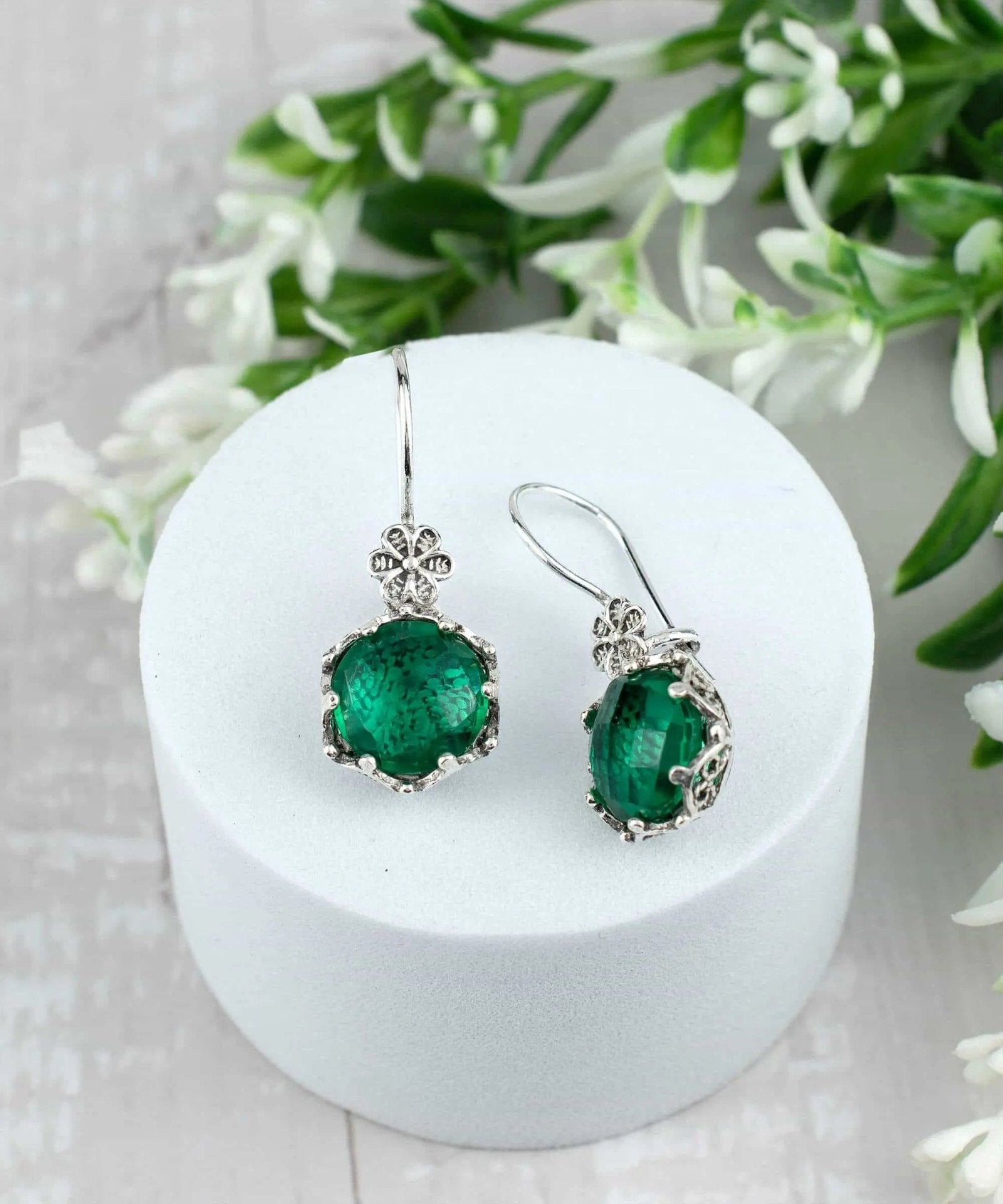 Filigree Art Emerald Gemstone Women Sterling Silver Drop Earrings - Drakoi Marketplace