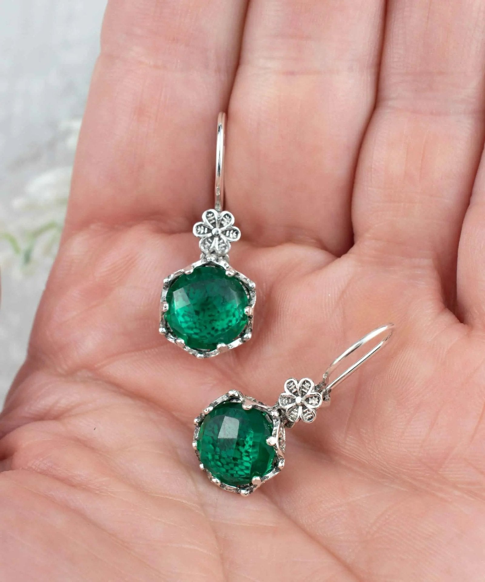 Filigree Art Emerald Gemstone Women Sterling Silver Drop Earrings - Drakoi Marketplace