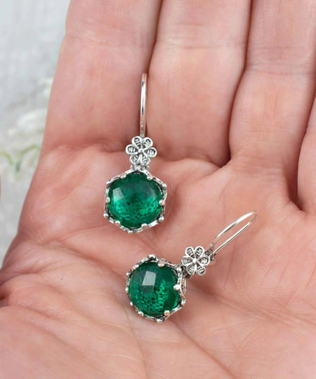 Filigree Art Emerald Gemstone Women Sterling Silver Drop Earrings - Drakoi Marketplace