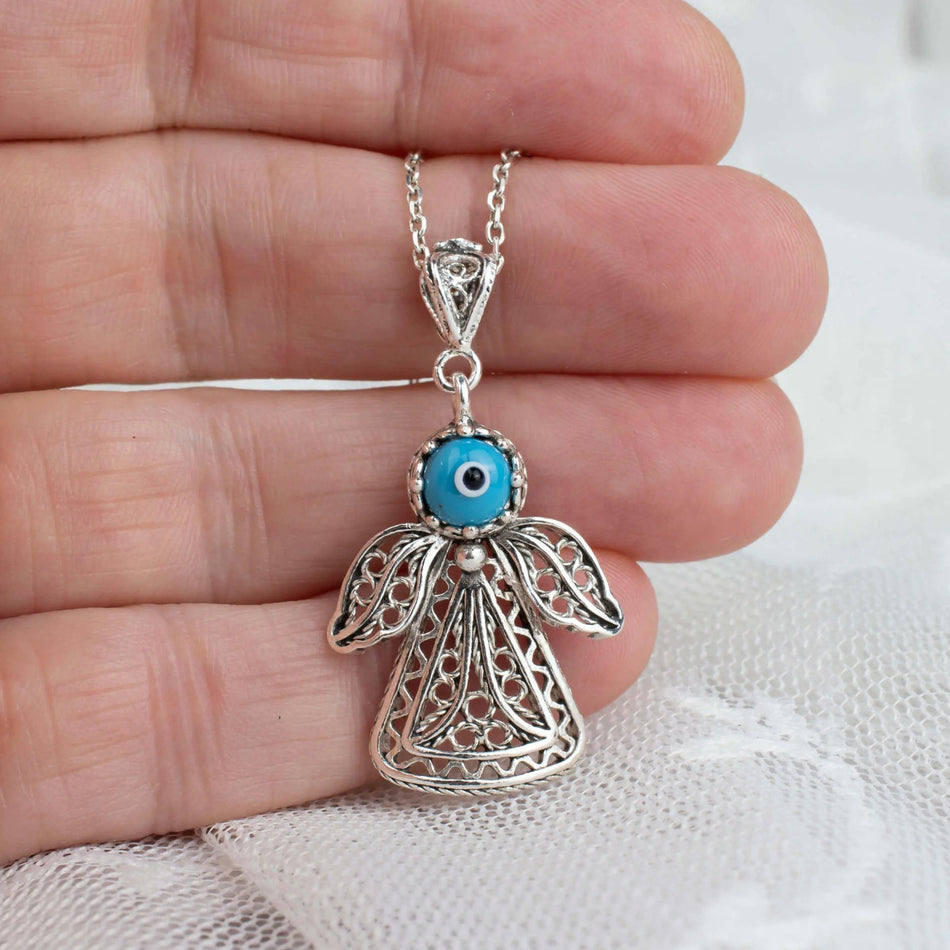 Filigree Art Evil Eye Beaded Angel Figured Women Silver Pendant Necklace - Drakoi Marketplace