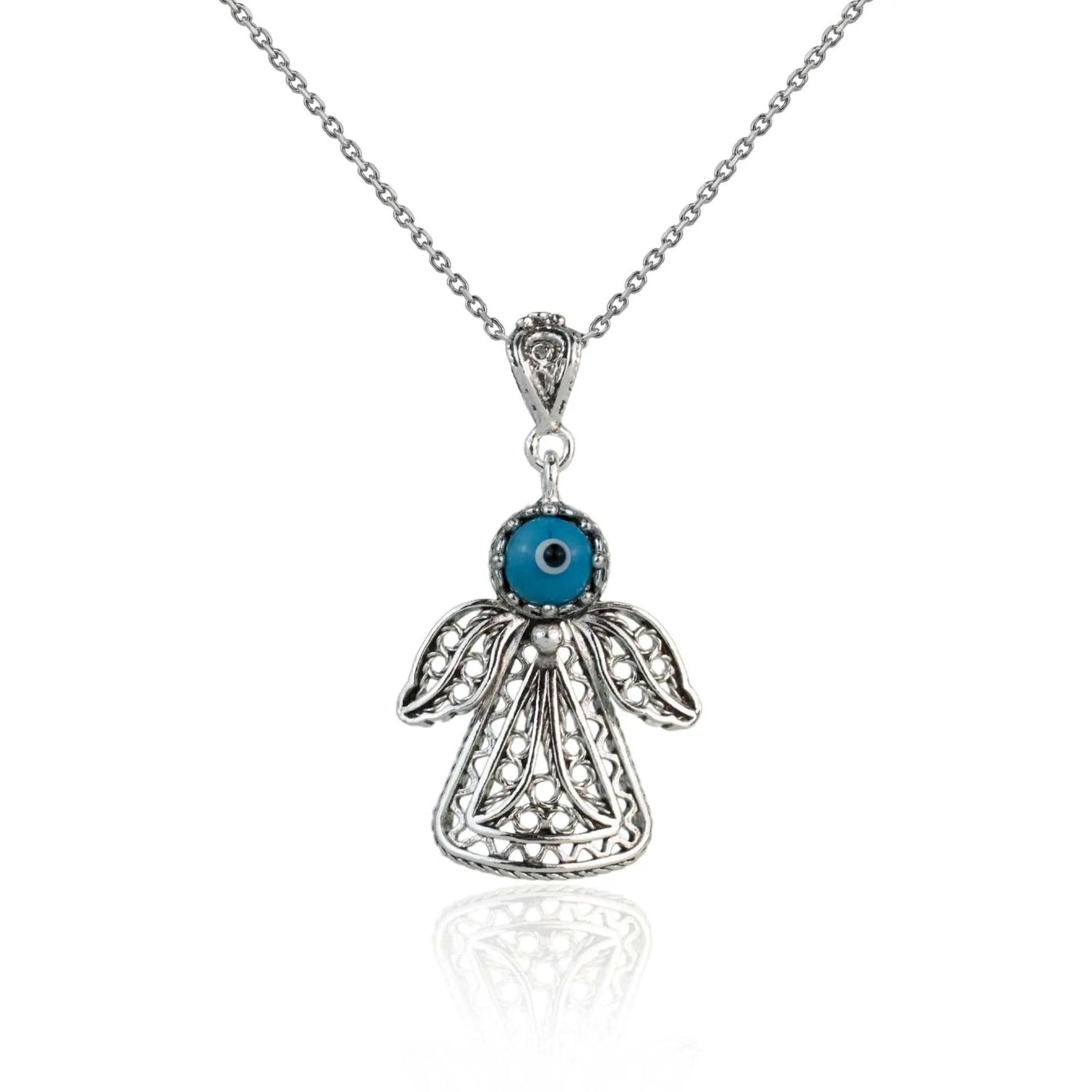 Filigree Art Evil Eye Beaded Angel Figured Women Silver Pendant Necklace - Drakoi Marketplace